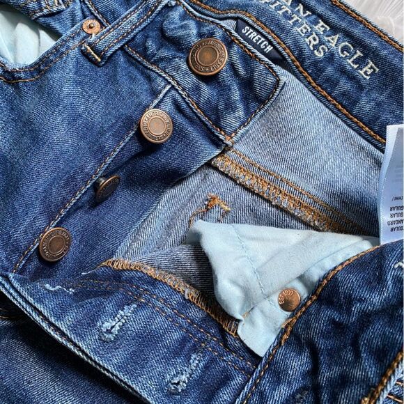 American Eagle Tomgirl Jeans Button Fly Raw Ankle Hem Blue Stretch Distressed 2 - Picture 3 of 10